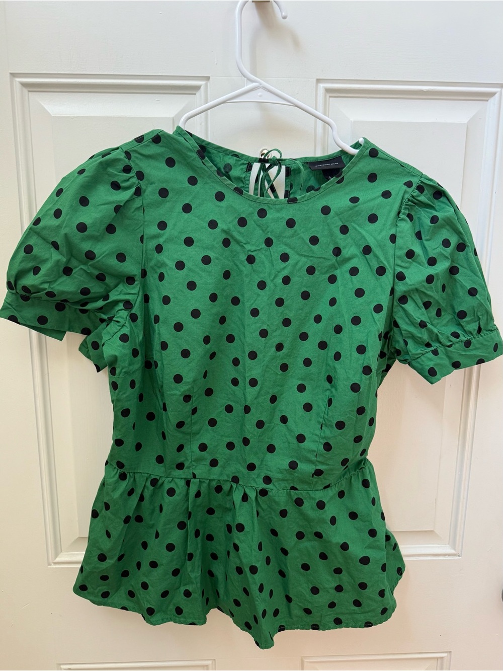 Who What Wear Green Polka Dot Puff Sleeve Cotton Blouse